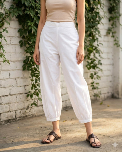 White Cotton Gathered Pants
