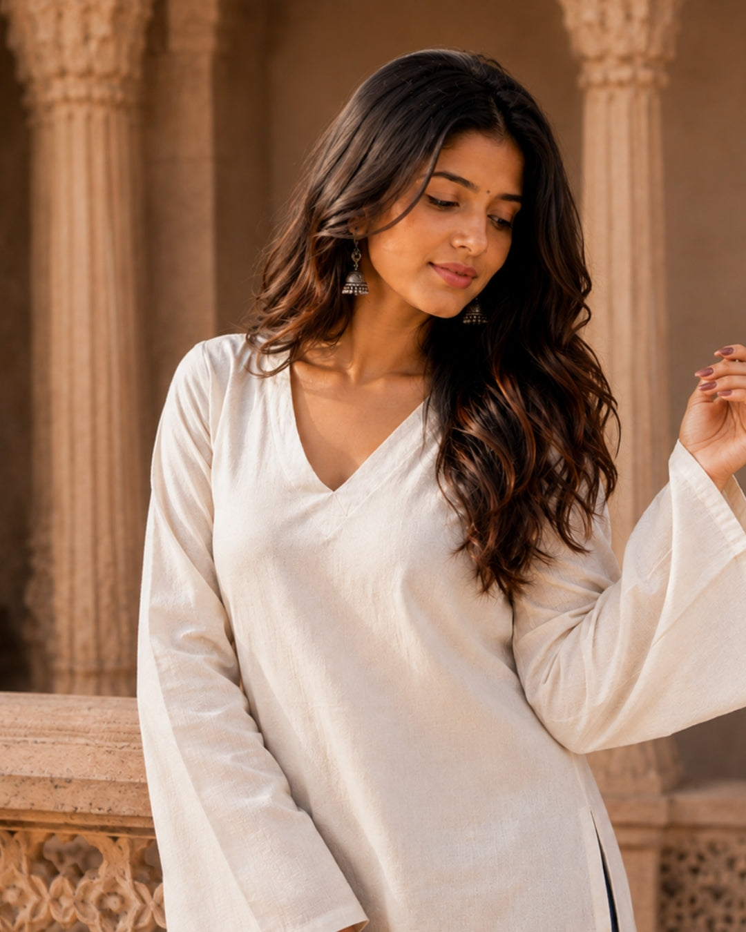 Saphed White Cotton Sleeved Short Kurti