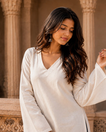Saphed White Cotton Sleeved Short Kurti