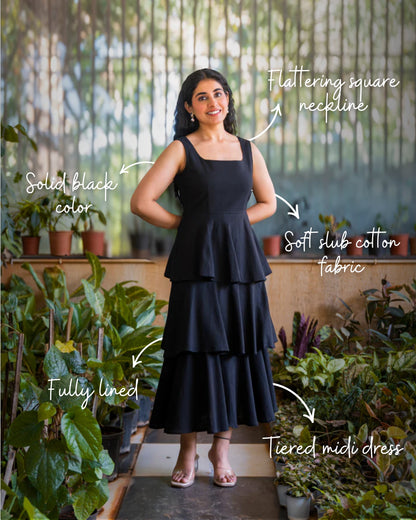Nina Black Frilled Cotton Midi Dress
