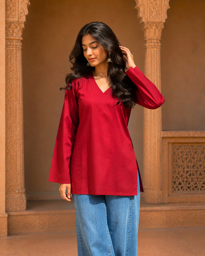 Emma Red Cotton Sleeved Short Kurti