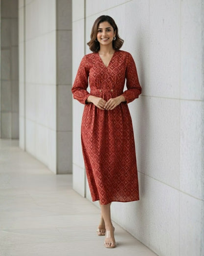 Hailey Red Fit and Flare Cotton Wrap Dress