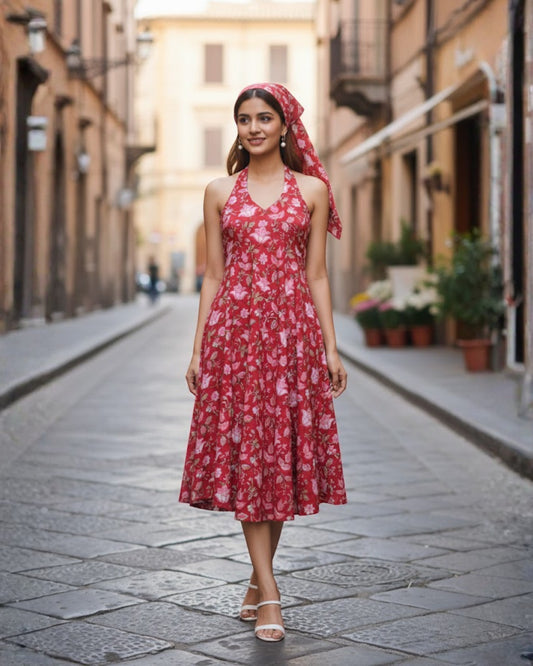 April Red Handblock Floral Print Cotton Midi Dress