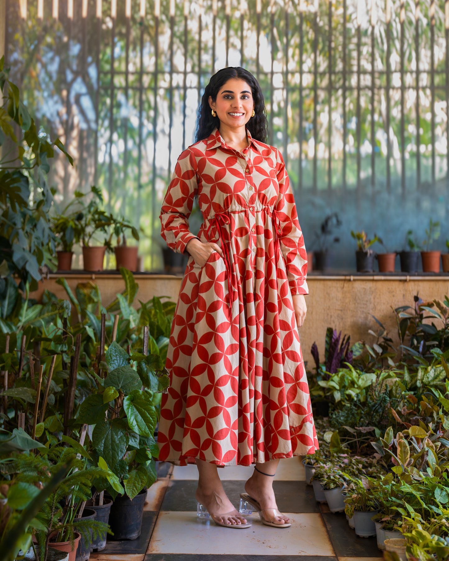 Blair Red Button-down Circular Midi Dress