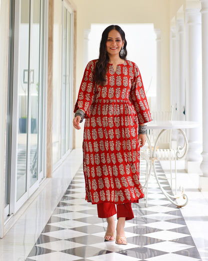 Piku Red HandBlock Bagru Print Cotton Kurta Set