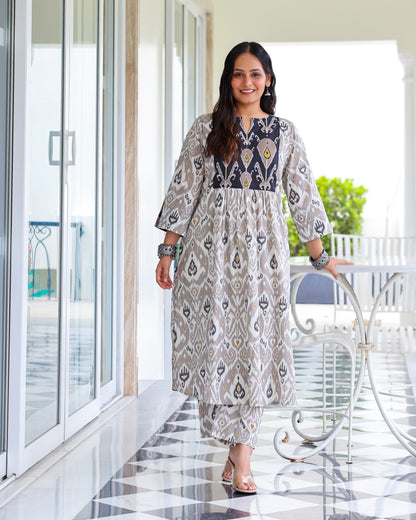 Vedika Grey Ikat Cotton Kurta Set