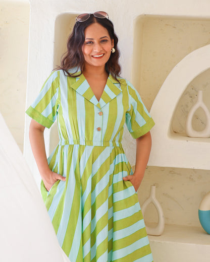 Taylor Green Blue Stripes Print Circular Cotton Midi Dress