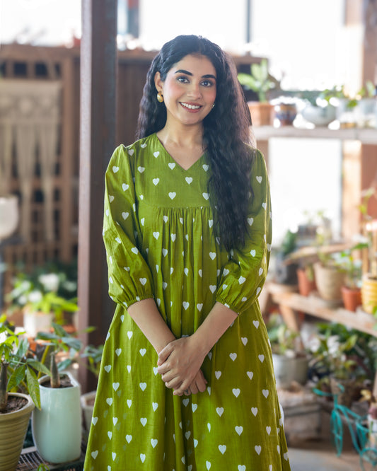 May Green Gathered Cotton Midi Dress