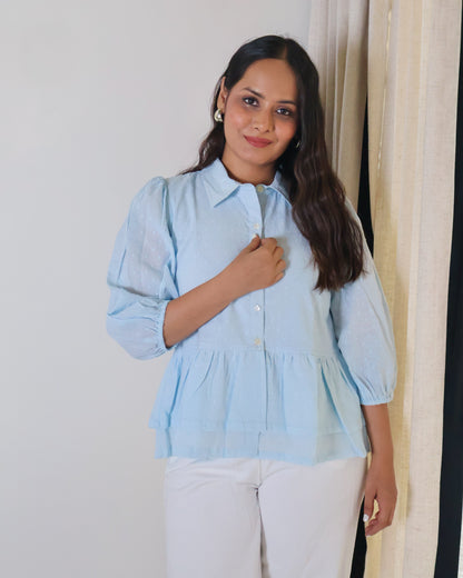 Angelina Collared Peplum Textured Cotton Top