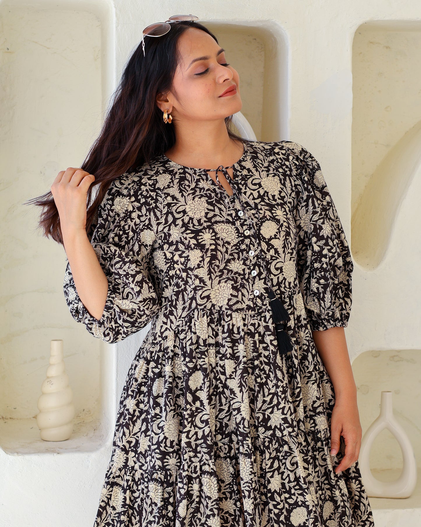 Vivian Black Puff Sleeves HandBlock Print Cotton Short Dress