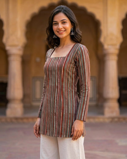 Ziva Striped HandBlock Printed Corset Back Kurti