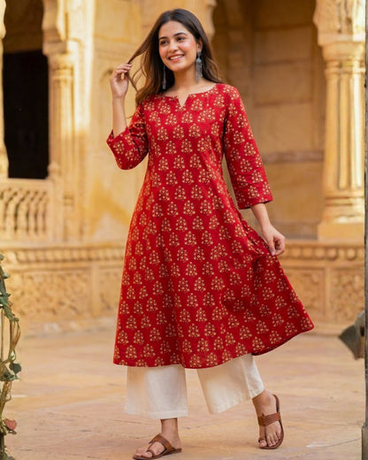Naina Red HandBlock Printed kurta