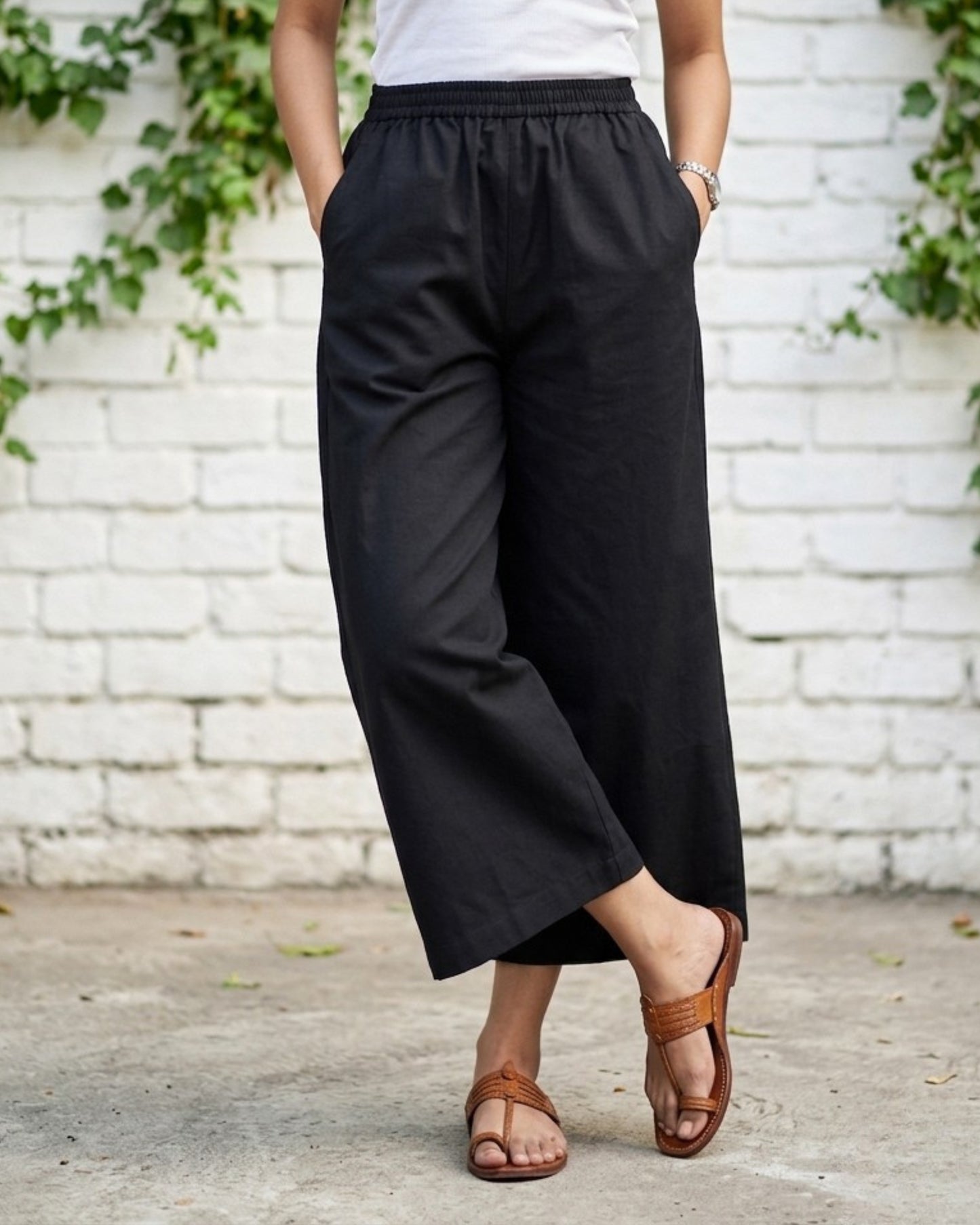 Black Cotton Flared Cropped Pants
