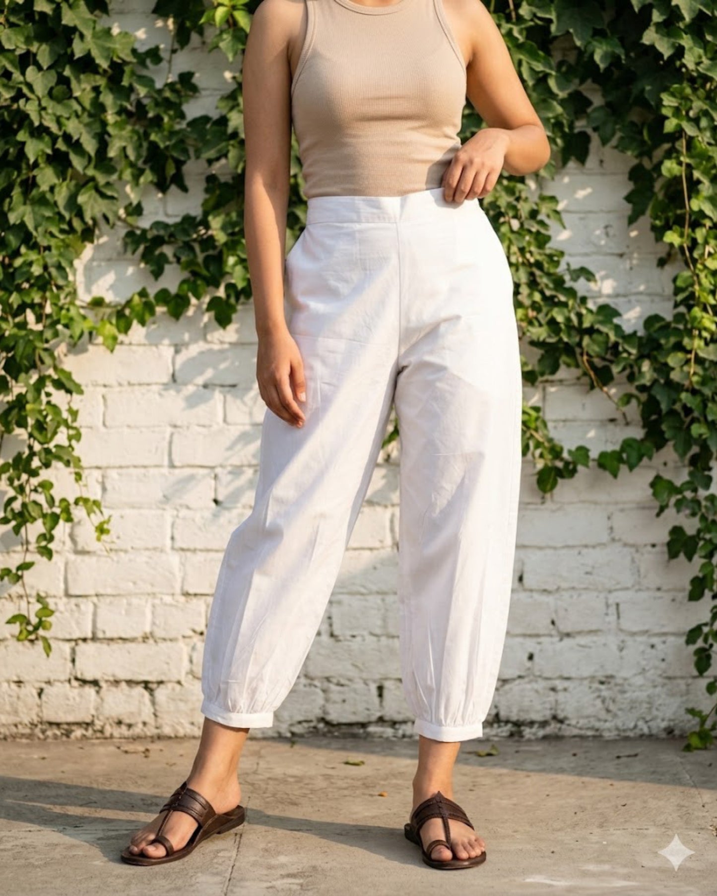 White Cotton Gathered Pants