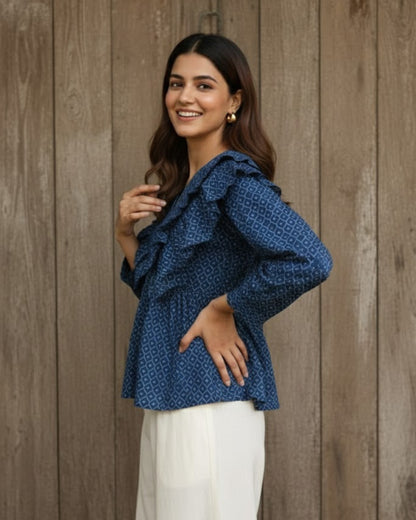 Raha Blue frilled Cotton Top