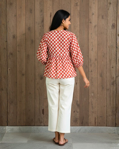 Lumi Checkered Handblock printed Cotton Top