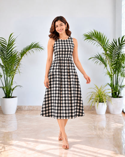 Arya Checkered Black Cotton Midi Dress