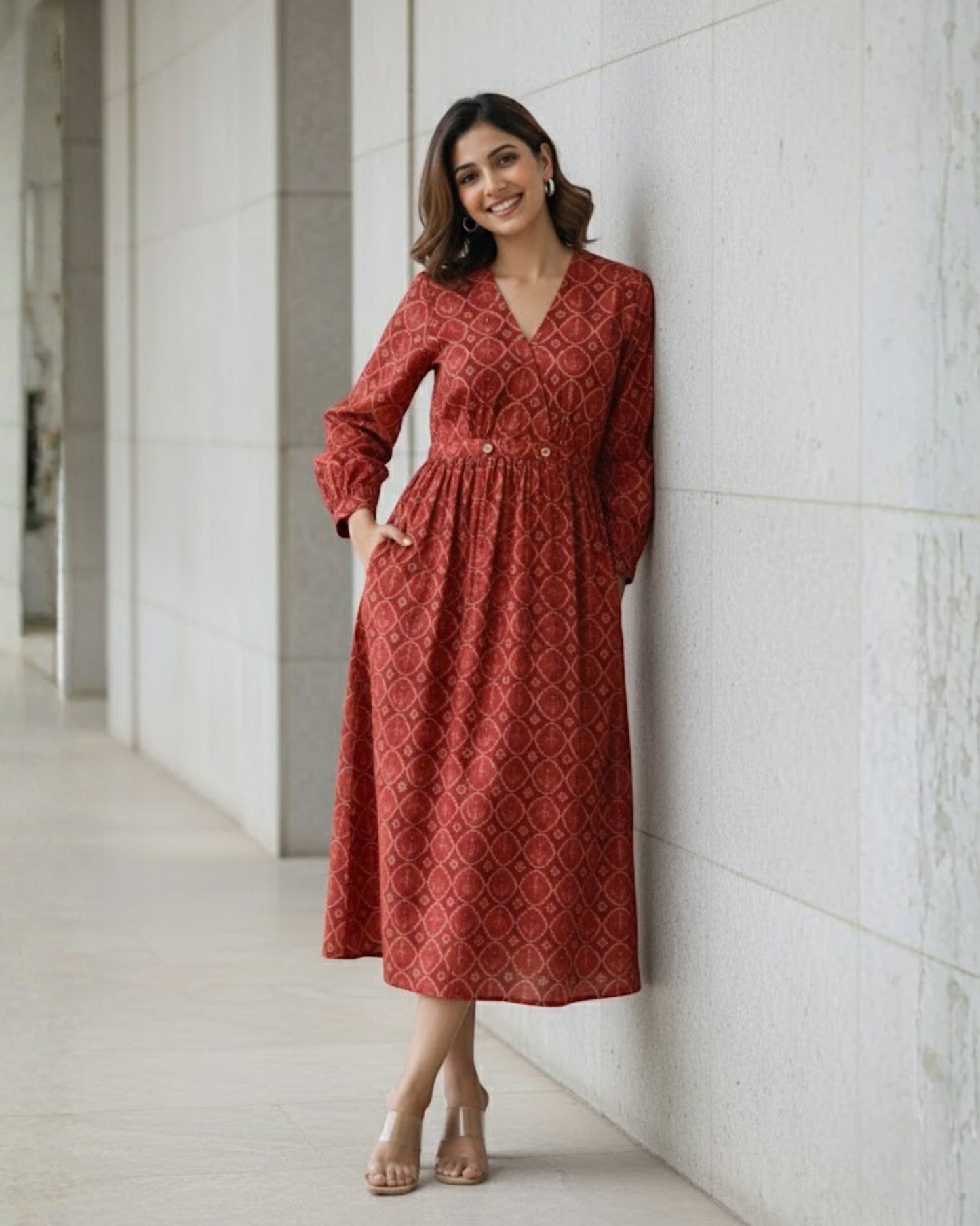 Hailey Red Fit and Flare Cotton Wrap Dress