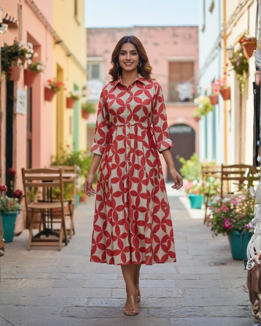 Blair Red Button-down Circular Midi Dress