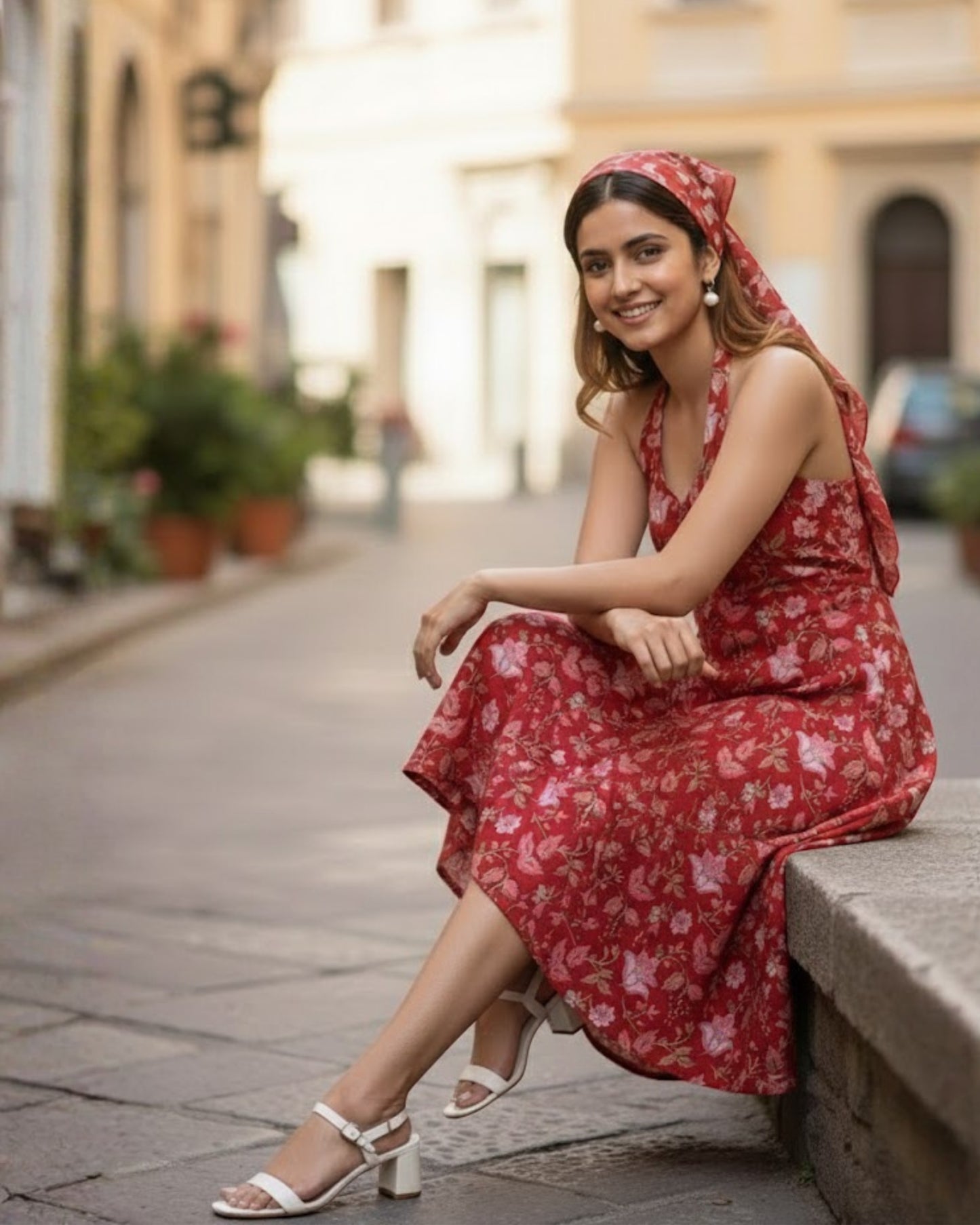 April Red Handblock Floral Print Cotton Midi Dress