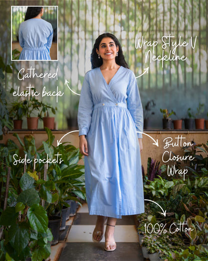 Eloise Blue Fit and Flare Slub Cotton Wrap Dress