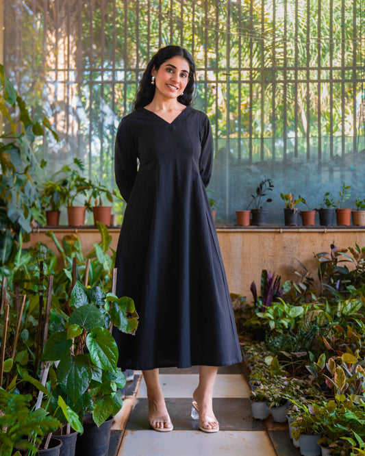 Audrey Panelled Black Cotton Dress