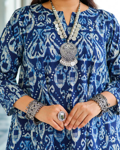 Kavya Blue Ikat Print Short Cotton Kurta Set
