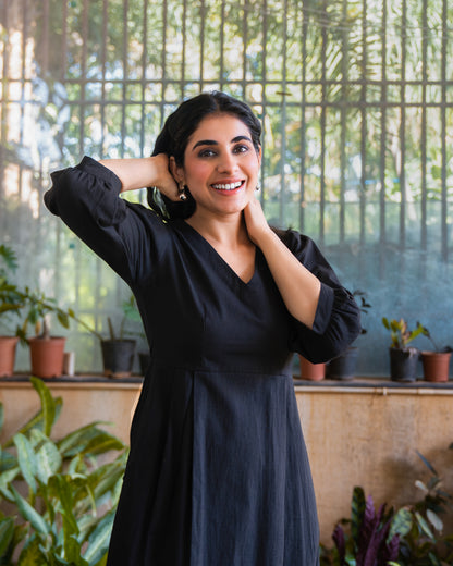 Marina Black Cotton Midi Dress