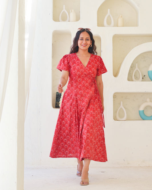 Eleanor Red Handblock Print Wrap Dress