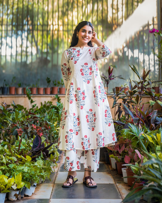 Aashi Ivory Cotton Kurta set with Flared pants