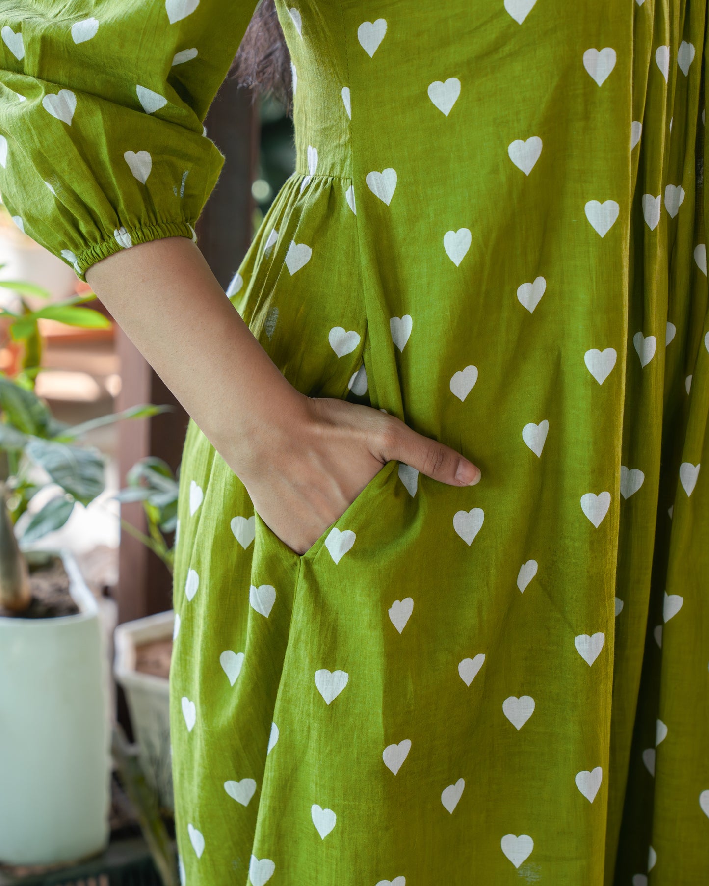 May Green Gathered Cotton Midi Dress