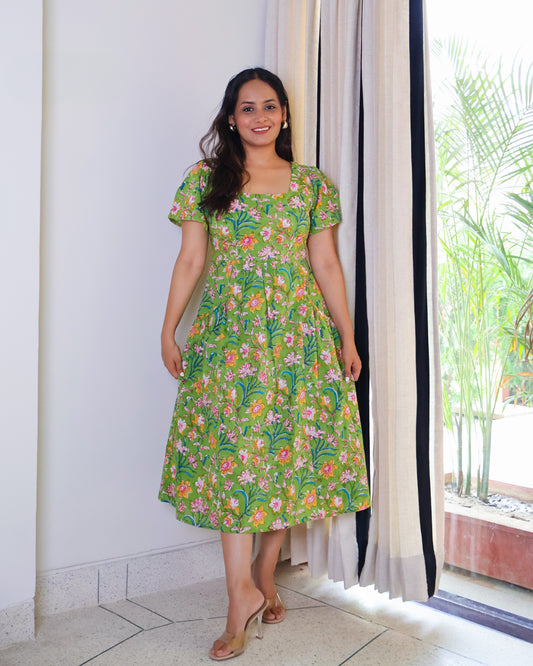 Emily Floral HandBlock Print Cotton Midi Dress
