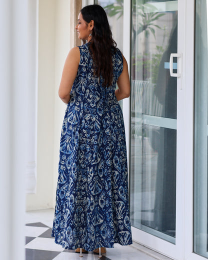Kavya Blue Ikat Print Cotton Maxi Dress