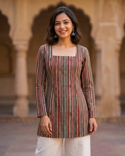 Ziva Striped HandBlock Printed Corset Back Kurti