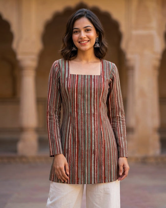 Ziva Striped HandBlock Printed Corset Back Kurti