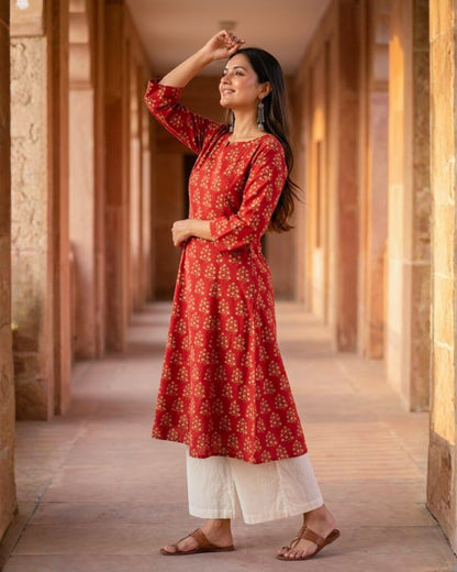 Naina Red HandBlock Printed kurta