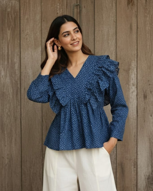 Raha Blue frilled Cotton Top
