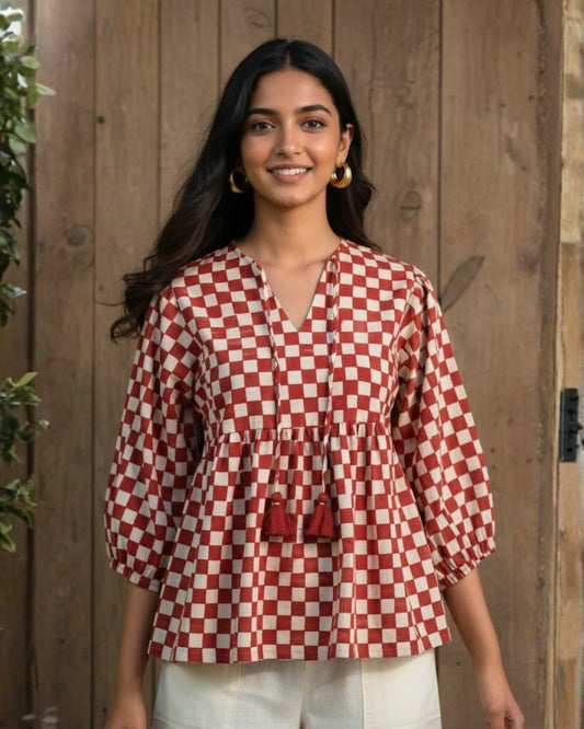 Lumi Checkered Handblock printed Cotton Top