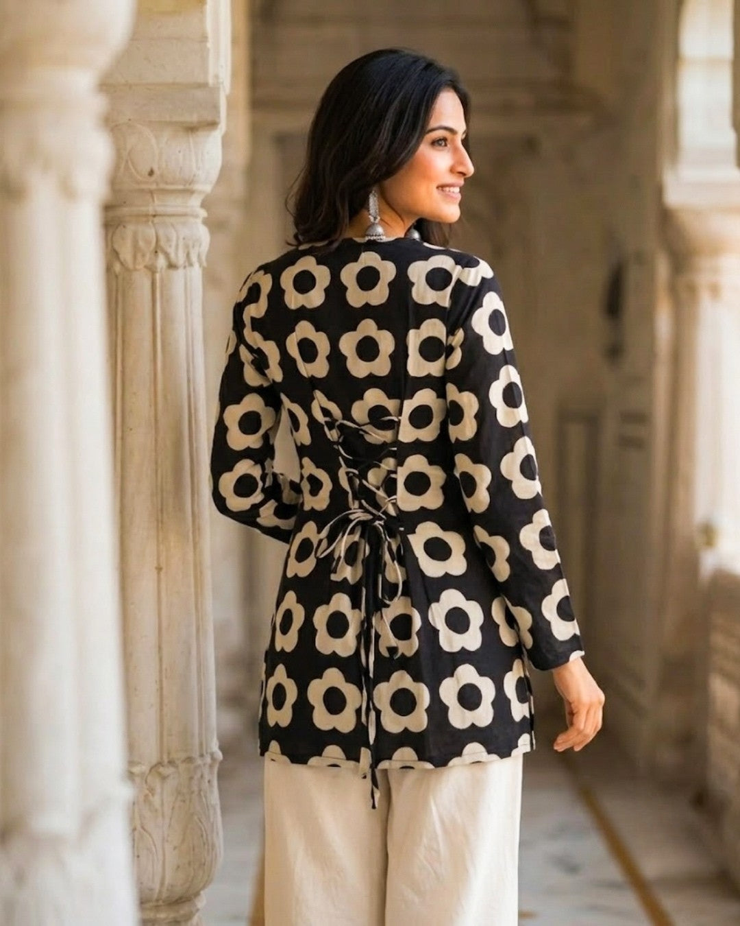Aadya Black HandBlock Print Corset Back Short kurti