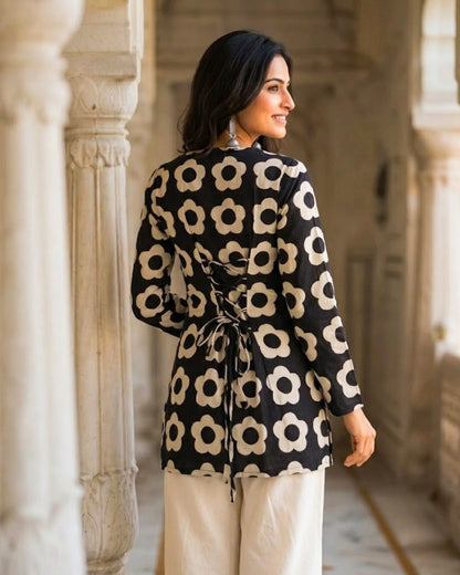 Aadya Black HandBlock Print Corset Back Short kurti