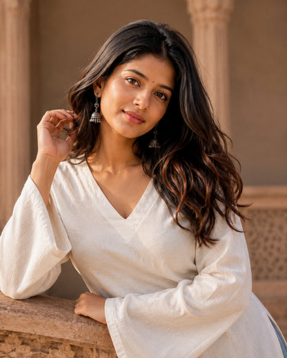 Saphed White Cotton Sleeved Short Kurti