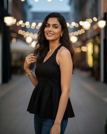 Nina Black Peplum Cotton Top