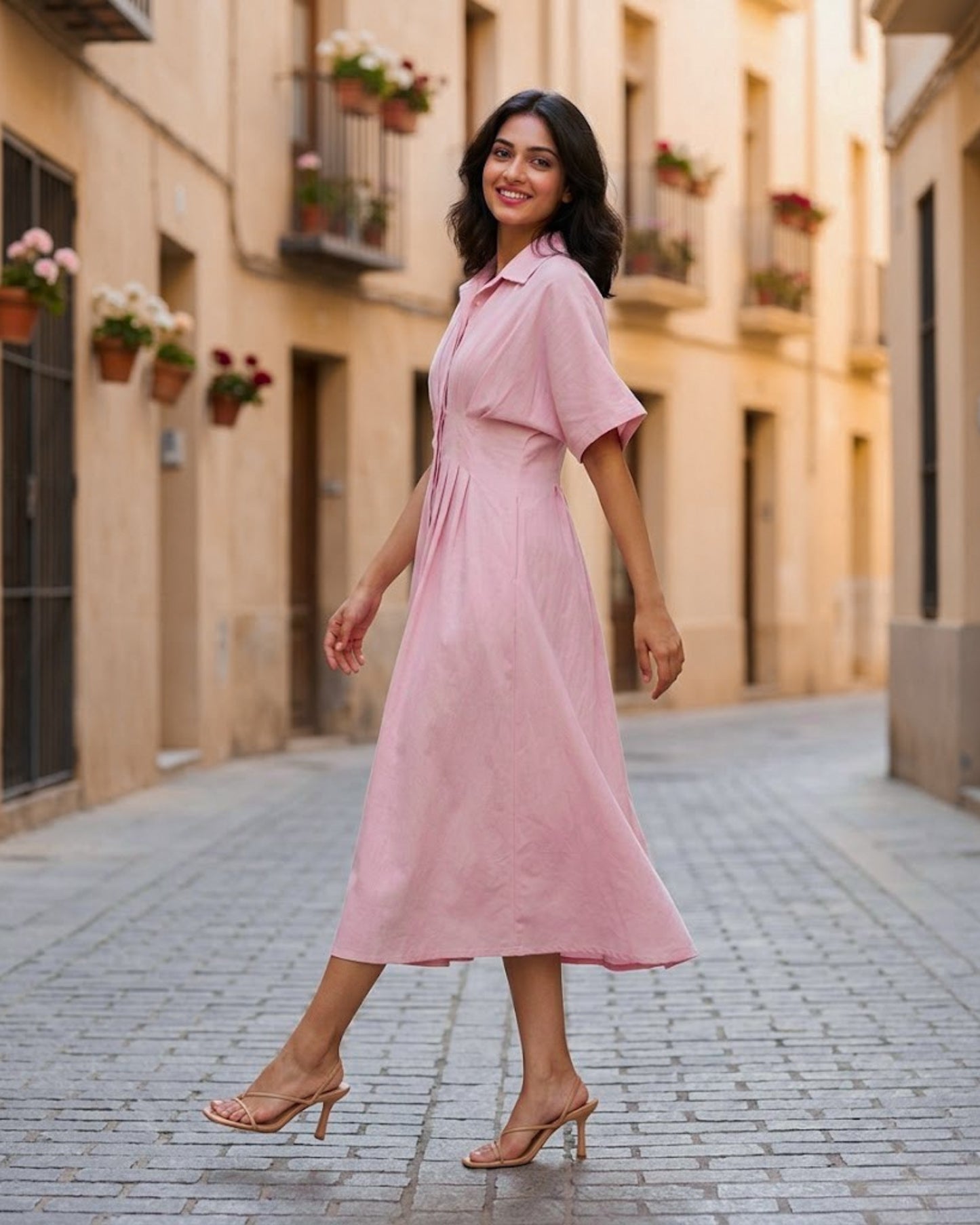 Zara Pink Pleated Pure Cotton Midi Dress