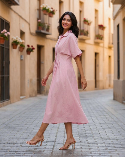 Zara Pink Pleated Pure Cotton Midi Dress