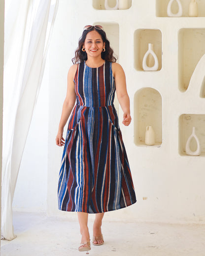 Megan Striped Jahota HandBlock Print Midi Dress
