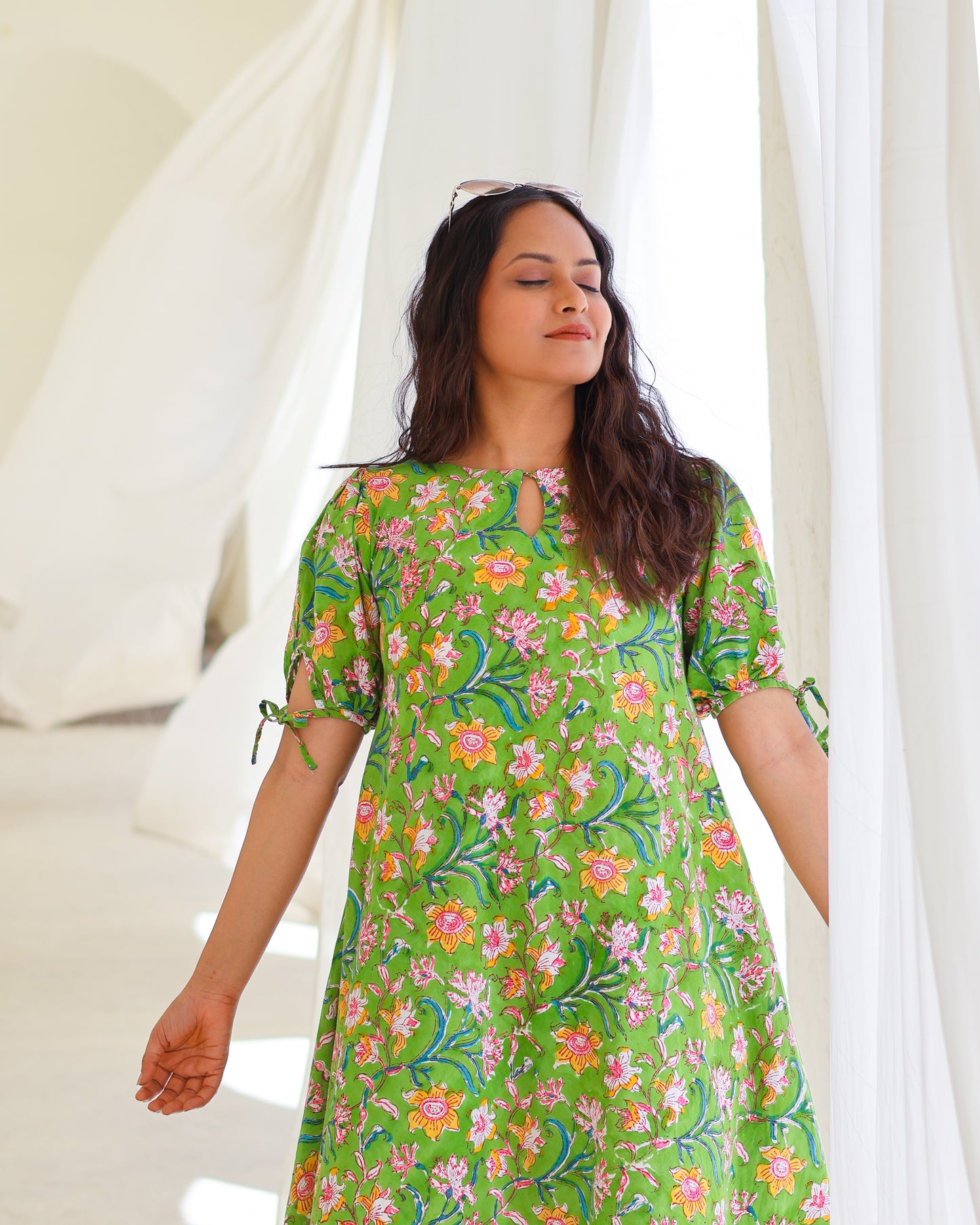 Emily Green Floral HandBlock Print Circular Cut Maxi Dress