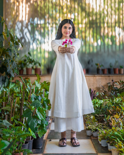 Saphed White Cotton A-line kurta