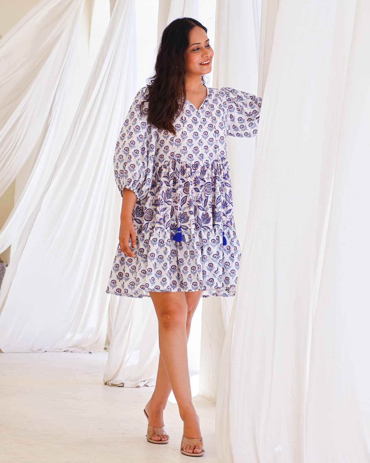 Tessa Puff Sleeves HandBlock Print Cotton Short Dress