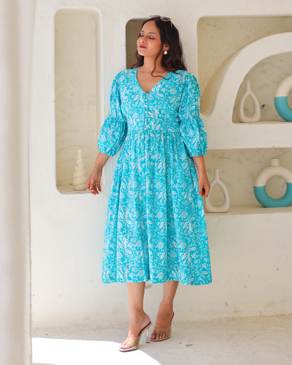 Bella Blue Fit-and-Flare Cotton Midi Dress