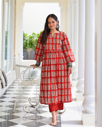 Piku Red HandBlock Bagru Print Cotton Kurta Set
